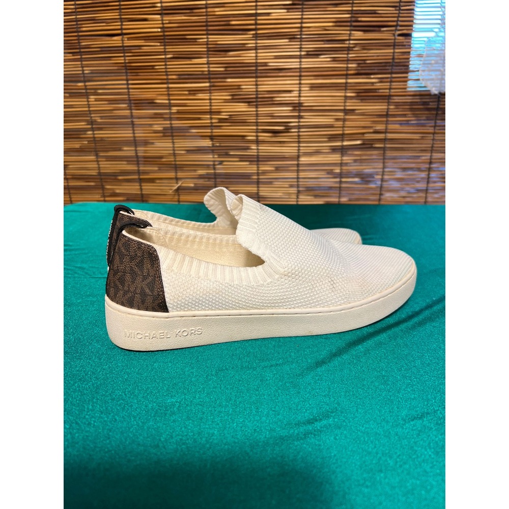 Michael Kors Size 9 White Knit Slip On Sneakers Brown Monogram Logo Print